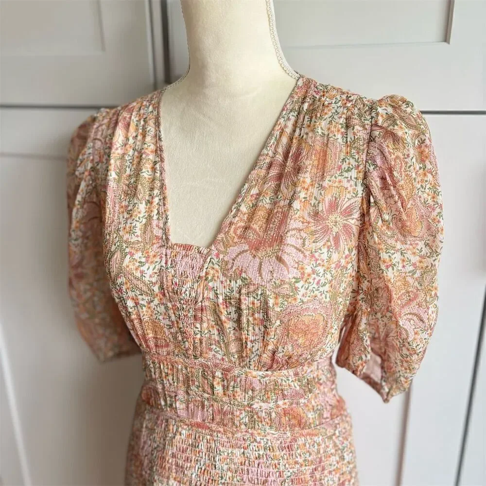 Shoshanna Women's Aubrey Puff Sleeve Smocked Mini Dress Size 6 Multicolored
